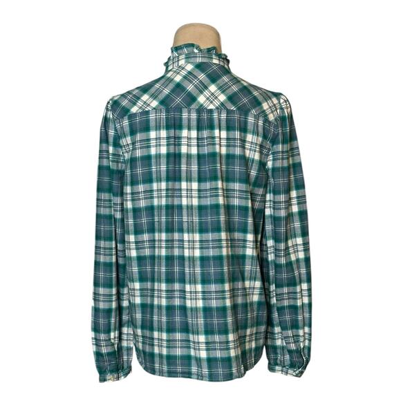 Loft green white plaid long sleeves ruffle button shirt size Small - Picture 2 of 16